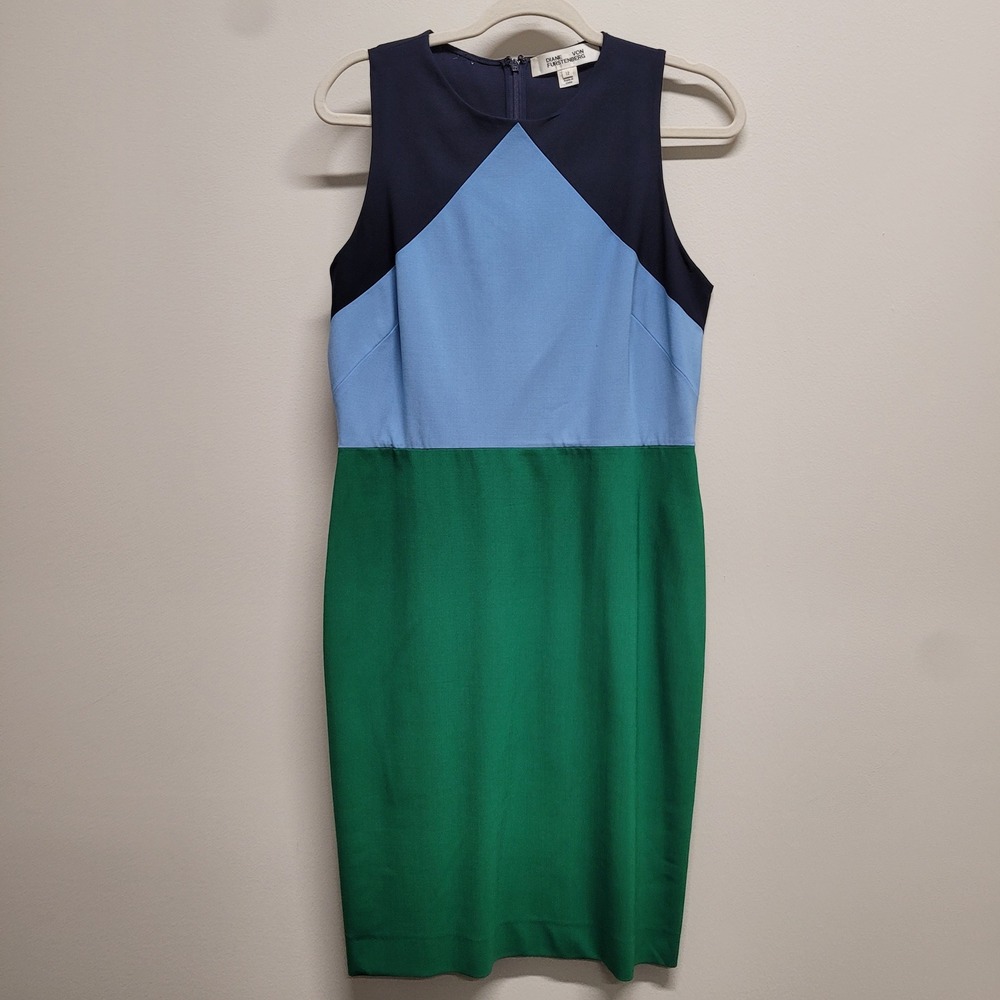 Diane von Furstenberg Wool Colorblock Sheath Dress Navy Blue Green Size 12